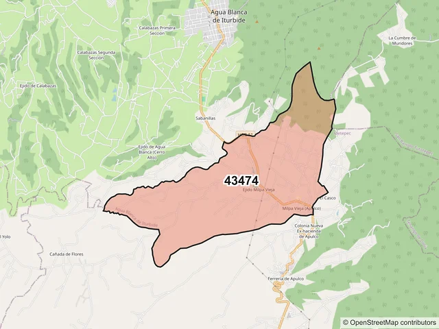 Mapa del código postal 43474, Agua Blanca de Iturbide, Hidalgo