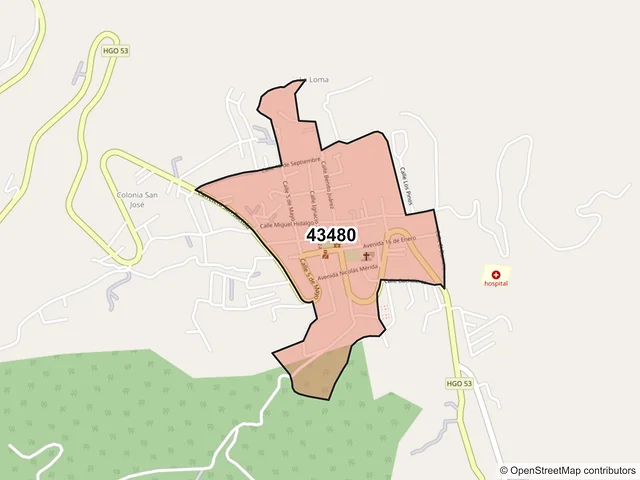 Mapa del código postal 43480, Tenango de Doria, Hidalgo