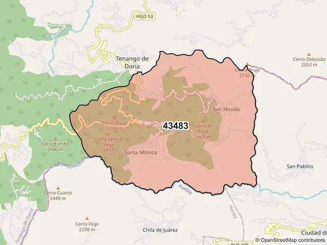 Mapa del código postal 43483, Tenango de Doria, Hidalgo
