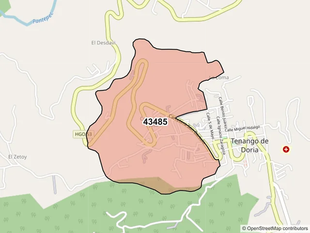 Mapa del código postal 43485, Tenango de Doria, Hidalgo