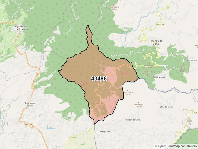 Mapa del código postal 43486, Tenango de Doria, Hidalgo