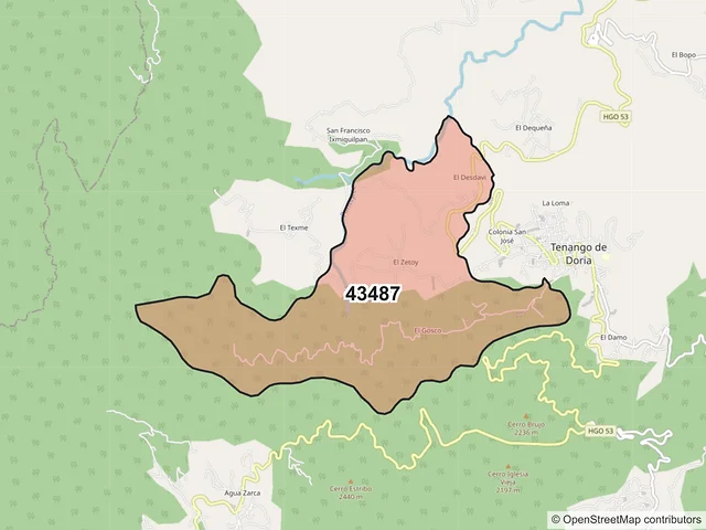 Mapa del código postal 43487, Tenango de Doria, Hidalgo