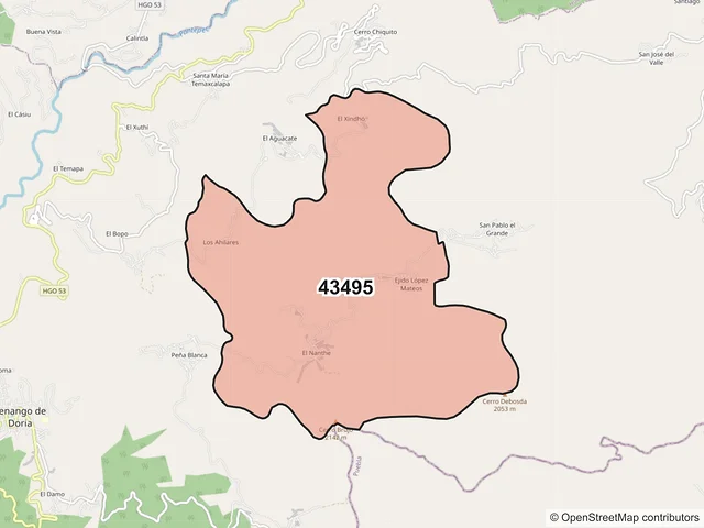 Mapa del código postal 43495, Tenango de Doria, Hidalgo
