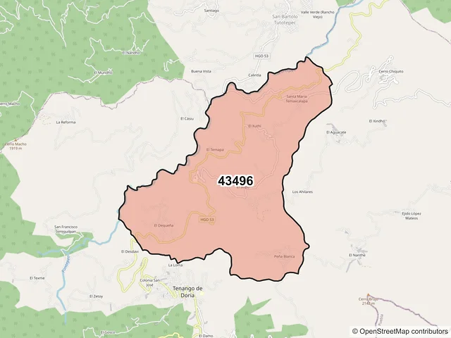 Mapa del código postal 43496, Tenango de Doria, Hidalgo