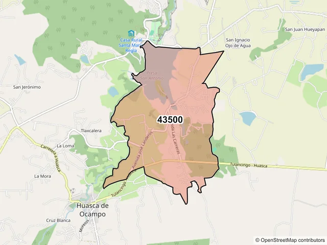Mapa del código postal 43500, Huasca de Ocampo, Hidalgo