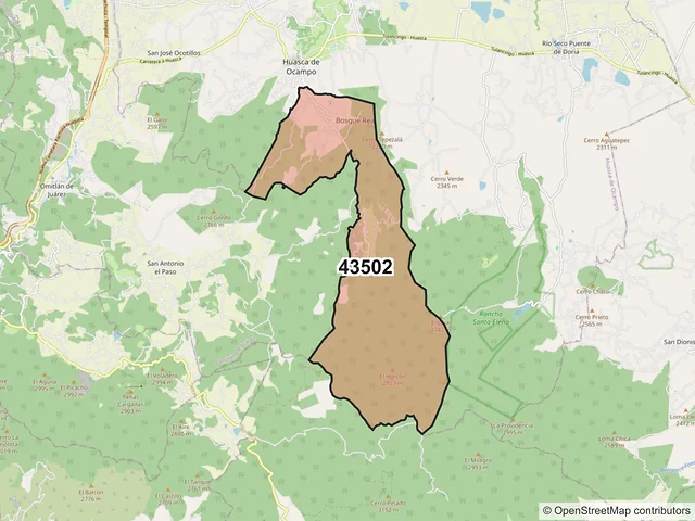 Mapa del código postal 43502, Huasca de Ocampo, Hidalgo