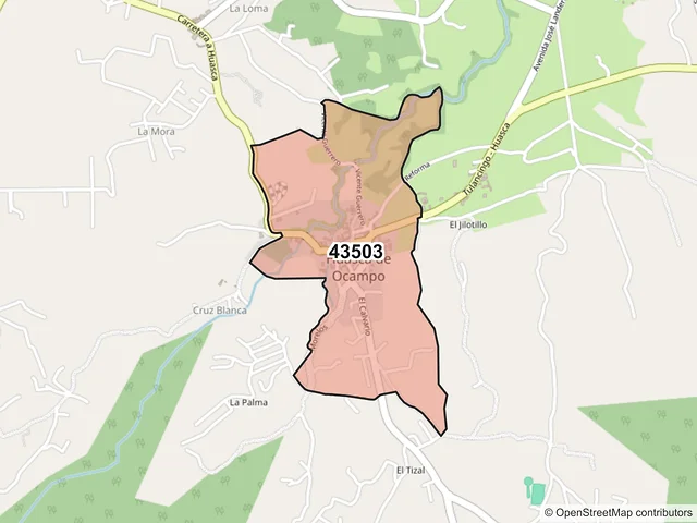 Mapa del código postal 43503, Huasca de Ocampo, Hidalgo