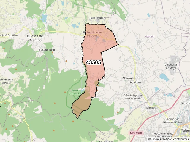 Mapa del código postal 43505, Huasca de Ocampo, Hidalgo