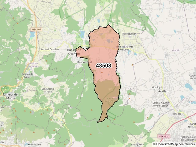 Mapa del código postal 43508, Huasca de Ocampo, Hidalgo
