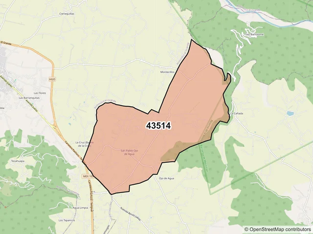 Mapa del código postal 43514, Huasca de Ocampo, Hidalgo