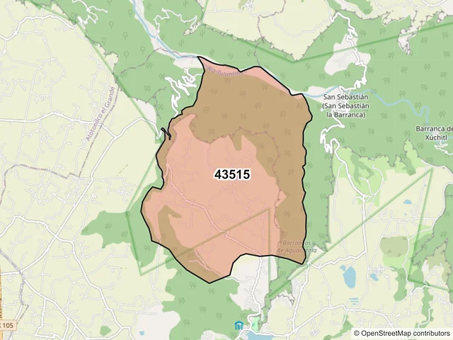 Mapa del código postal 43515, Huasca de Ocampo, Hidalgo