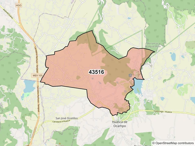 Mapa del código postal 43516, Huasca de Ocampo, Hidalgo
