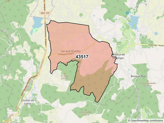 Mapa del código postal 43517, Huasca de Ocampo, Hidalgo