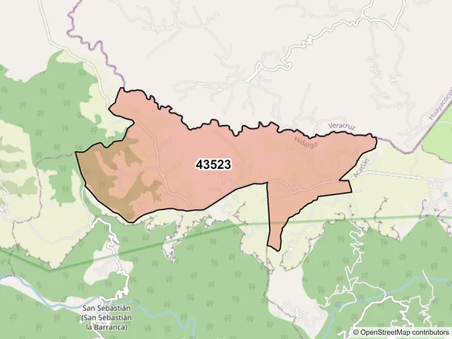 Mapa del código postal 43523, Huasca de Ocampo, Hidalgo