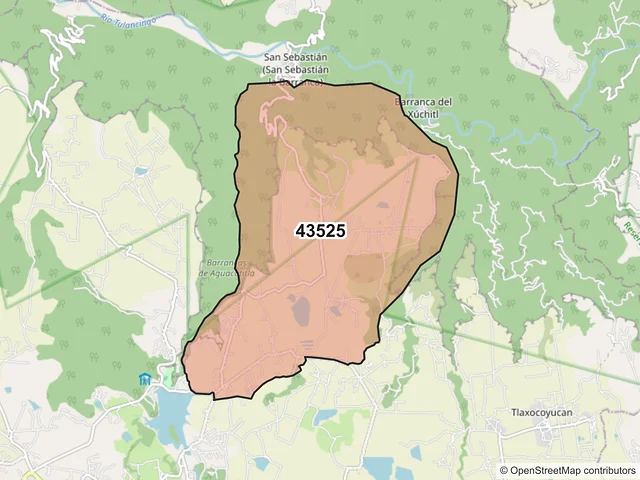 Mapa del código postal 43525, Huasca de Ocampo, Hidalgo