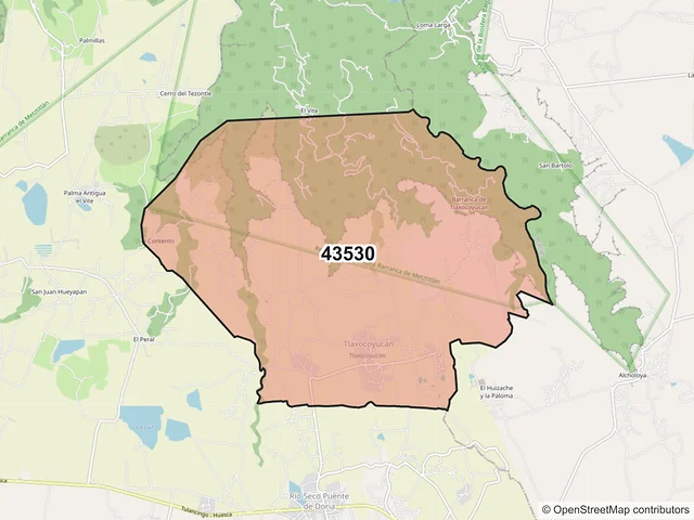 Mapa del código postal 43530, Huasca de Ocampo, Hidalgo