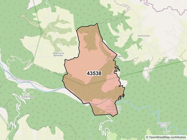 Mapa del código postal 43538, Huasca de Ocampo, Hidalgo