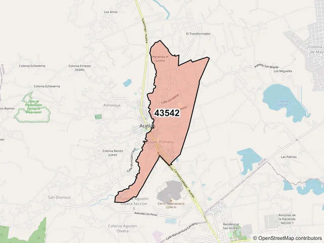 Mapa del código postal 43542, Acatlán, Hidalgo