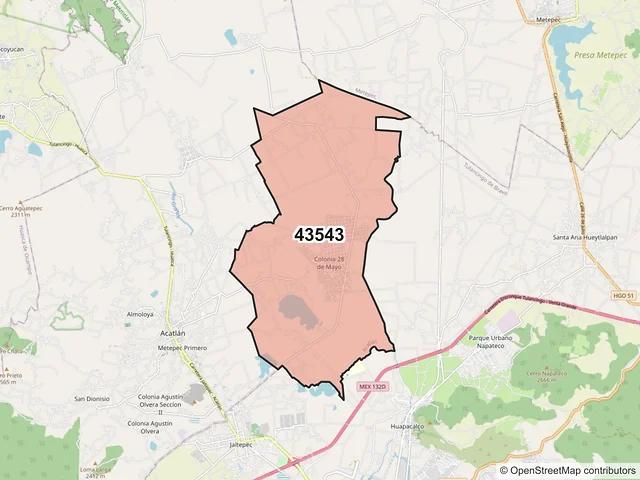 Mapa del código postal 43543, Acatlán, Hidalgo