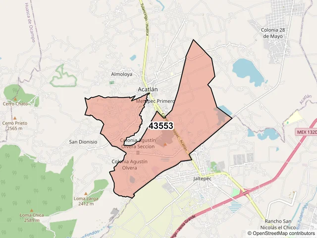 Mapa del código postal 43553, Acatlán, Hidalgo