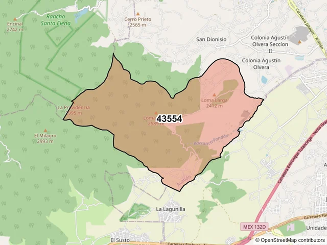 Mapa del código postal 43554, Acatlán, Hidalgo