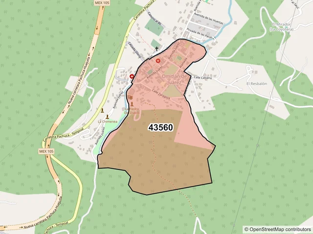 Mapa del código postal 43560, Omitlán de Juárez, Hidalgo