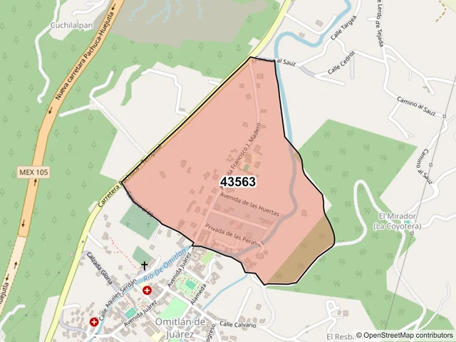 Mapa del código postal 43563, Omitlán de Juárez, Hidalgo