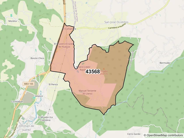 Mapa del código postal 43568, Omitlán de Juárez, Hidalgo