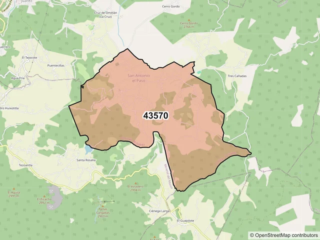 Mapa del código postal 43570, Omitlán de Juárez, Hidalgo