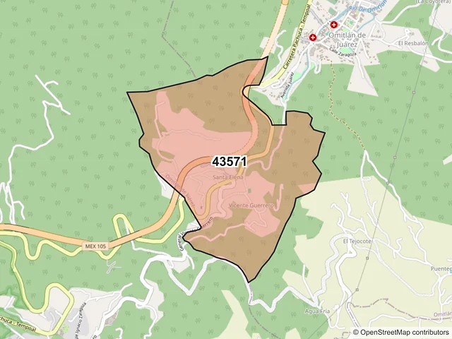 Mapa del código postal 43571, Omitlán de Juárez, Hidalgo