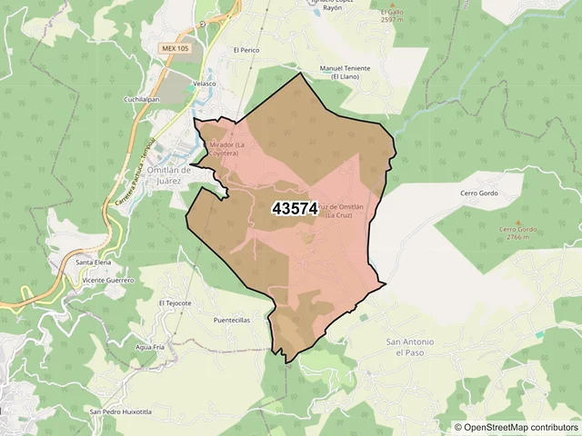 Mapa del código postal 43574, Omitlán de Juárez, Hidalgo