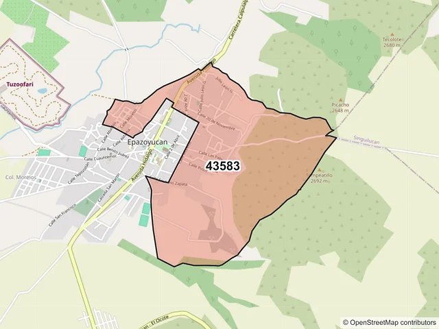 Mapa del código postal 43583, Epazoyucan, Hidalgo