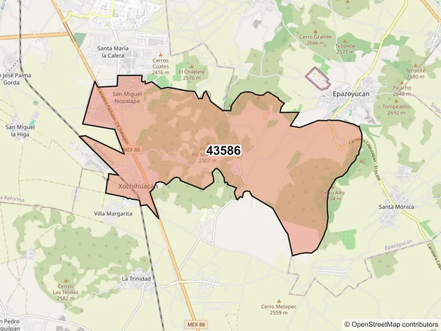 Mapa del código postal 43586, Epazoyucan, Hidalgo
