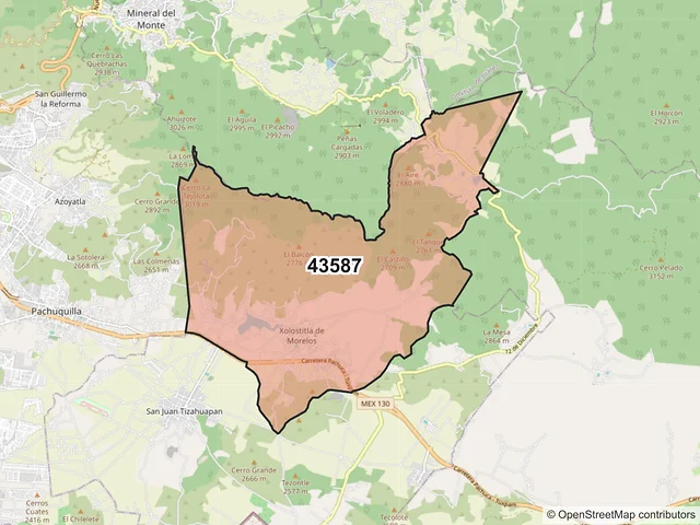 Mapa del código postal 43587, Epazoyucan, Hidalgo