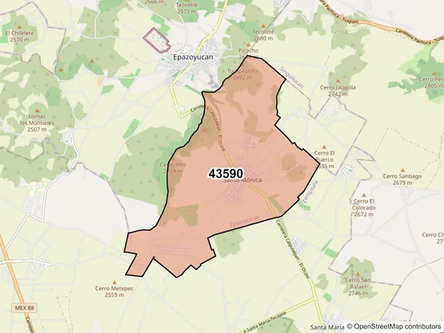 Mapa del código postal 43590, Epazoyucan, Hidalgo