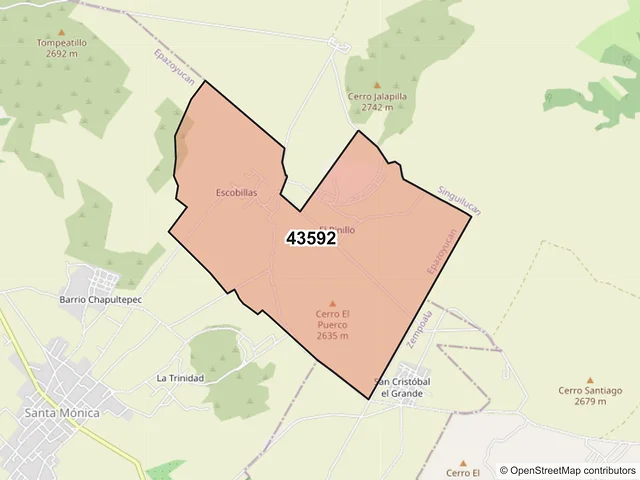 Mapa del código postal 43592, Epazoyucan, Hidalgo