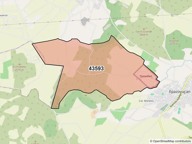 Mapa del código postal 43593, Epazoyucan, Hidalgo
