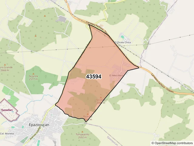 Mapa del código postal 43594, Epazoyucan, Hidalgo