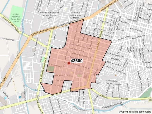 Mapa del código postal 43600, Tulancingo de Bravo, Hidalgo