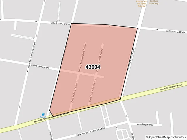Mapa del código postal 43604, Tulancingo de Bravo, Hidalgo