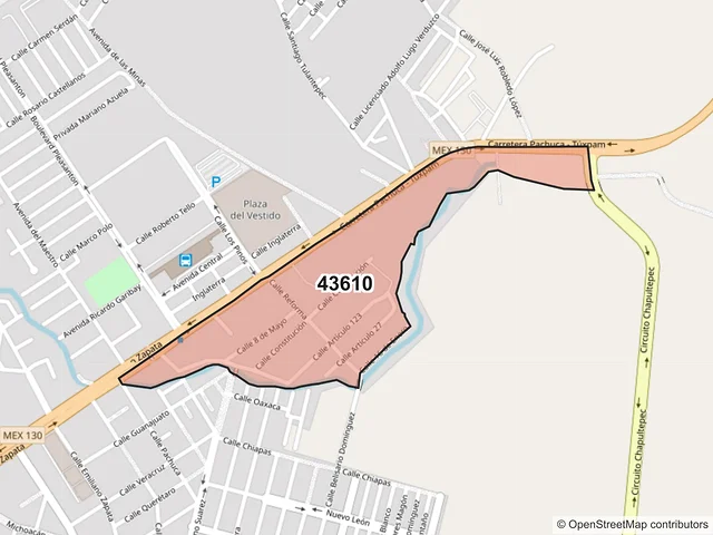 Mapa del código postal 43610, Tulancingo de Bravo, Hidalgo