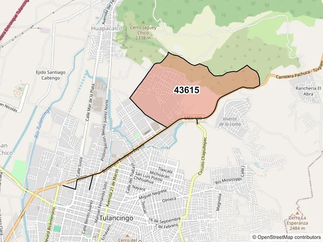 Mapa del código postal 43615, Tulancingo de Bravo, Hidalgo