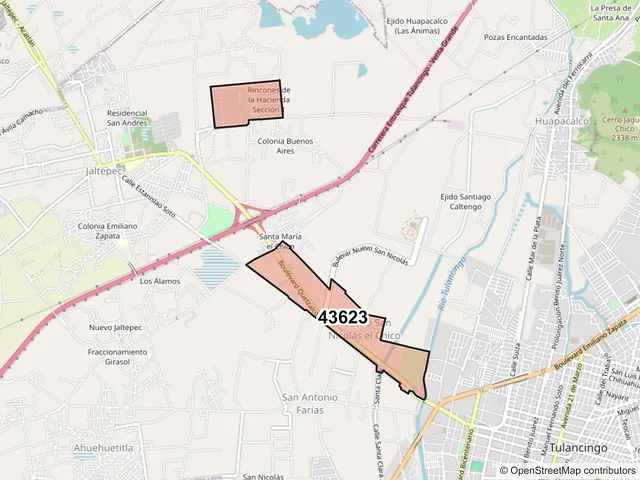 Mapa del código postal 43623, Tulancingo de Bravo, Hidalgo