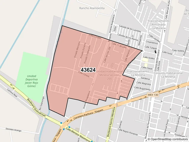 Mapa del código postal 43624, Tulancingo de Bravo, Hidalgo