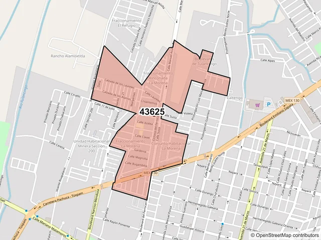 Mapa del código postal 43625, Tulancingo de Bravo, Hidalgo