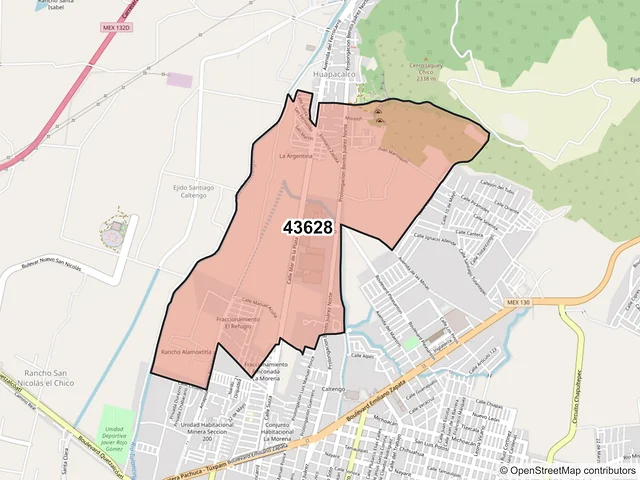 Mapa del código postal 43628, Tulancingo de Bravo, Hidalgo