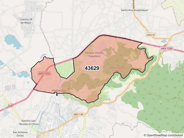 Mapa del código postal 43629, Tulancingo de Bravo, Hidalgo