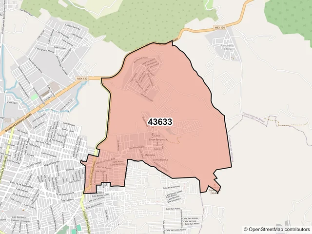 Mapa del código postal 43633, Tulancingo de Bravo, Hidalgo