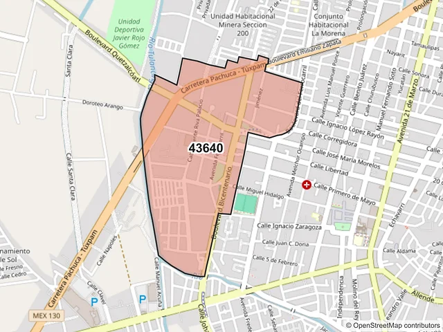 Mapa del código postal 43640, Tulancingo de Bravo, Hidalgo