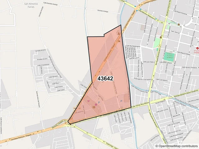 Mapa del código postal 43642, Tulancingo de Bravo, Hidalgo